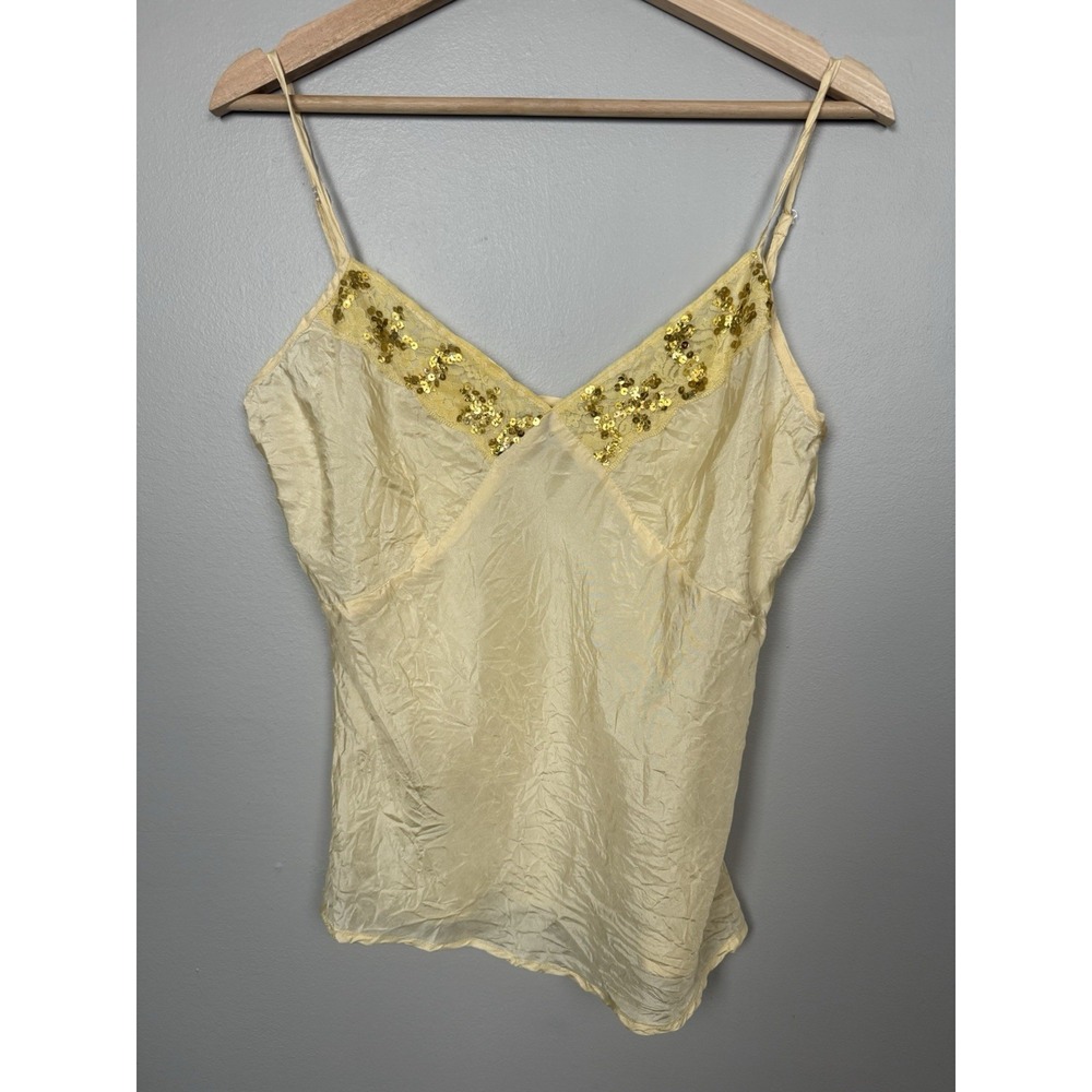 Y2K Chaudry Sports 100% Silk Cami Butter Yellow Sequin Lace Trim Babydoll Tank M